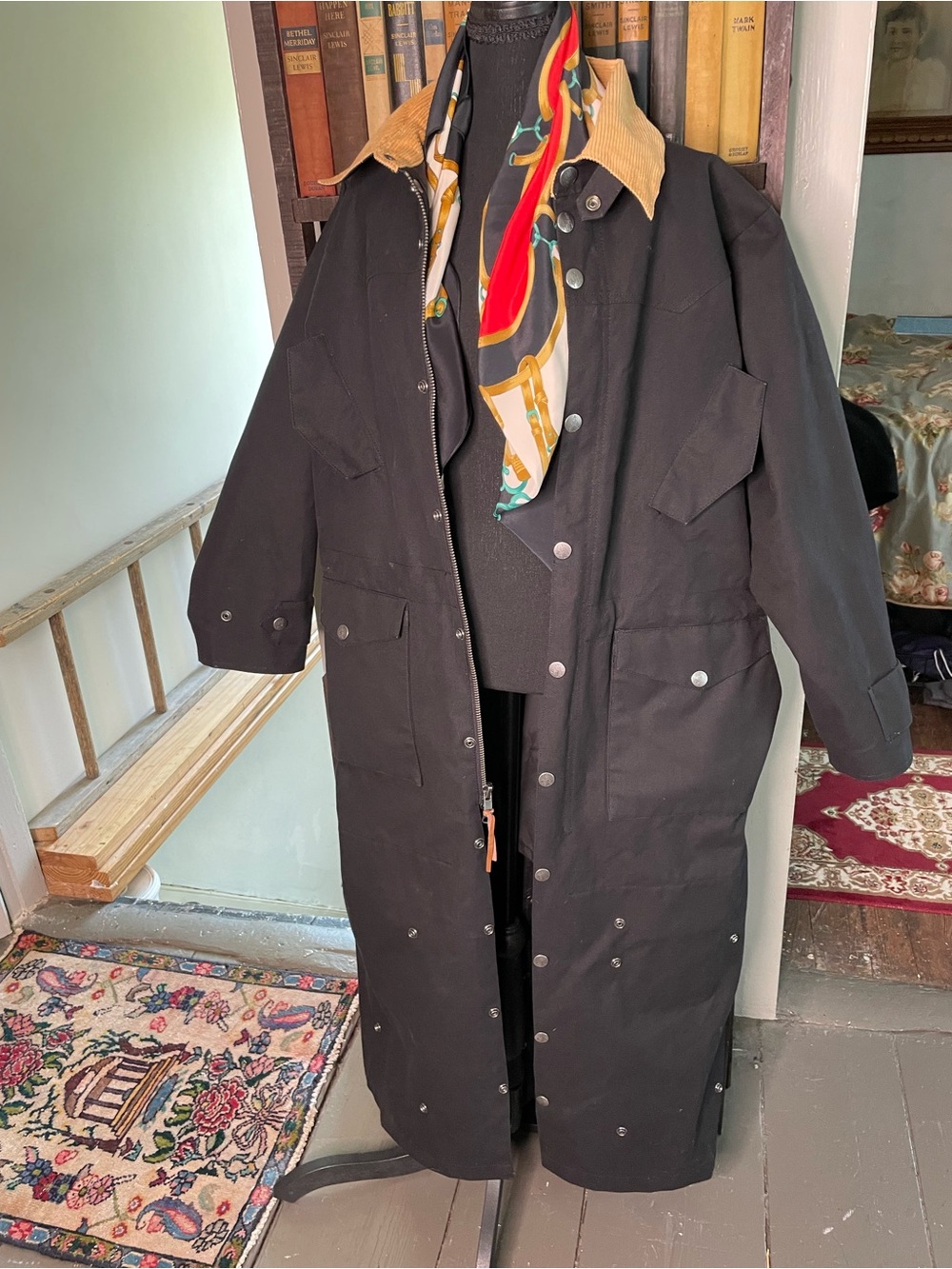 J. Peterman duster , classic style , black heavy canvas and corduroy collar.